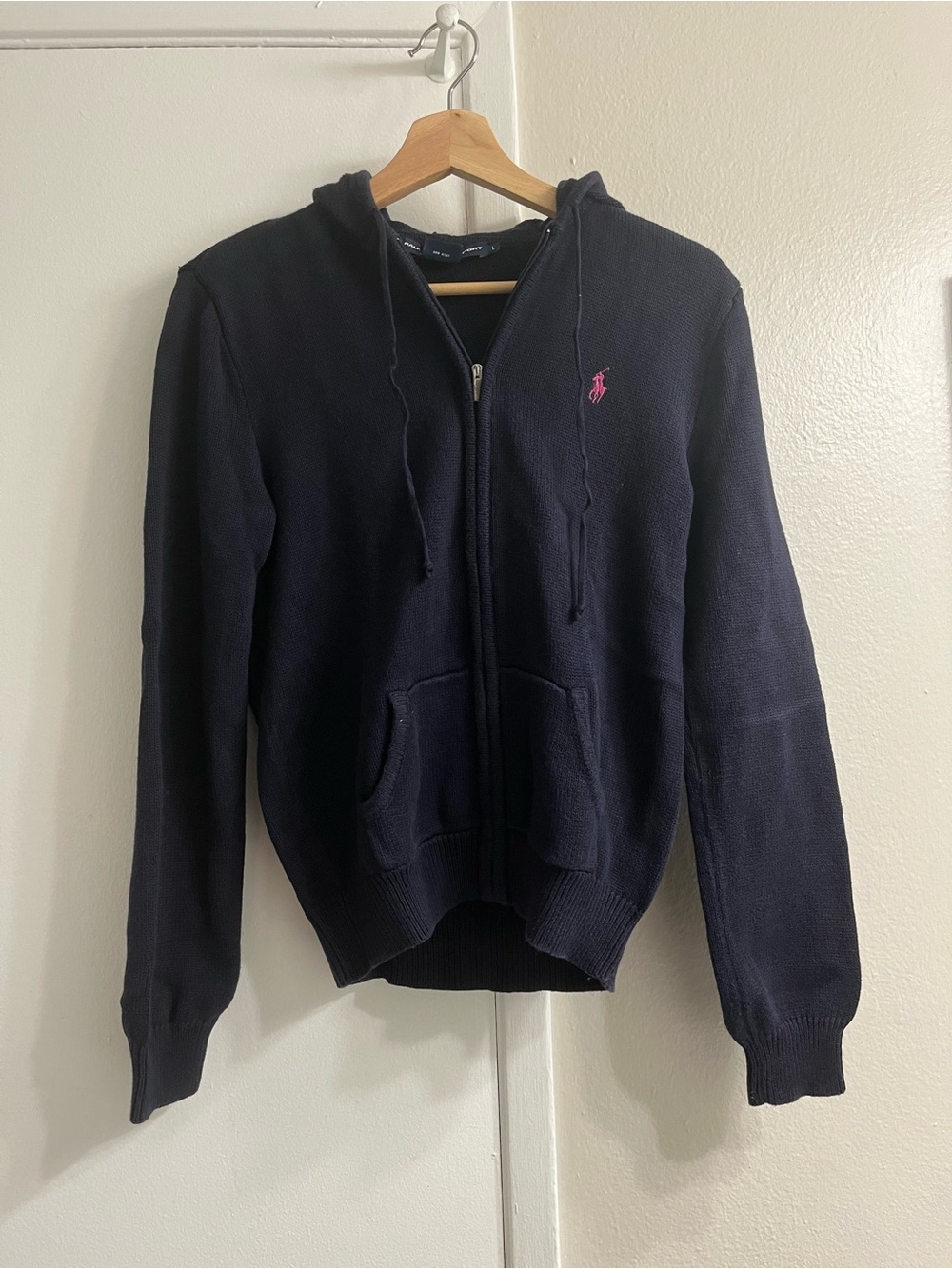 Ralph Lauren Navy Zip-Up Hoodie with Pink Logo